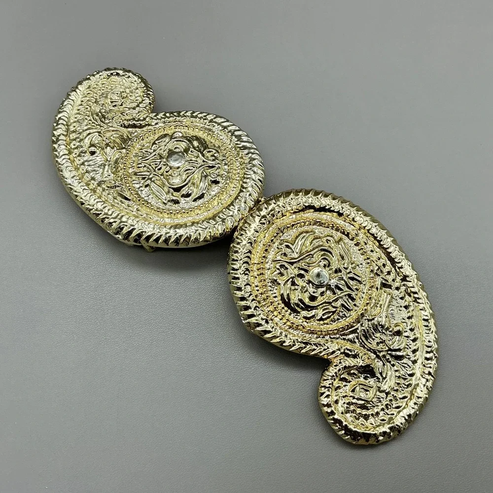 Belt Buckle Women Gold Tone Paisley Ornate Rhinestone Interlocking 5.5 Inch